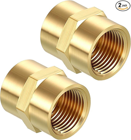Pack of 2, 3/8" NPT FeMale to 3/8" NPT FeMale Solid Brass Pipe Fitting Coupler, Brass Coupling Hose Fittings Adapter for Pipe Leak Repair, Bathroom Remodeling, Tool Extensions