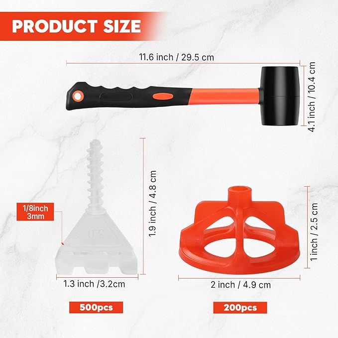 DGSL Tile Leveling System 1/8", 500 Pcs Tile Spacers and 200 Pcs Red Cap, Tile Spacers Leveling System for Professional Ceramic Tile and Stone Installation, Precision Gap Control