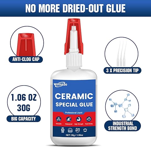 WOUSEDO Ceramic Glue 30g, Waterproof & Heat-Resistant Instant Adhesive | High-Strength & Clear, Fast Curing Super Glue for Porcelain, Clay Pots, Figurine, Pottery, Dishes Repair, DIY Crafts.