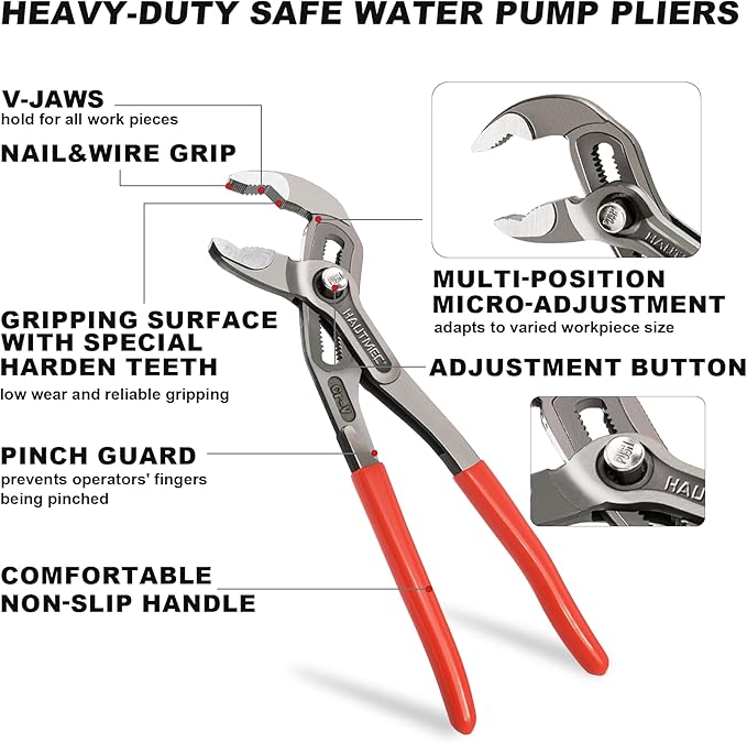 HAUTMEC 10-Inch Water Pump Pliers, Fast Adjustable Tongue and Groove Joint Pliers, V-Jaw with Comfort Grips, Rust-Proof CRV Steel Construction for Plumbing, Home Repair, and Pipe Fittings HT0367-PL