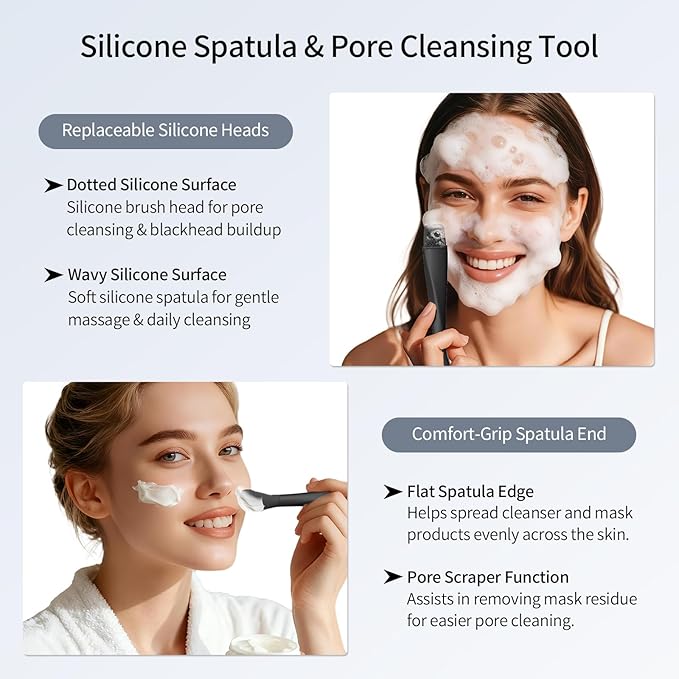 Blackhead Remover Tool, Stainless Steel Face Scraper, Skin Scrubber Face Spatula for Deep Cleansing, 3-in-1 Skin Care Tool with Blackhead Scraper, Mask Applicator & 2 Silicone Heads (Black)