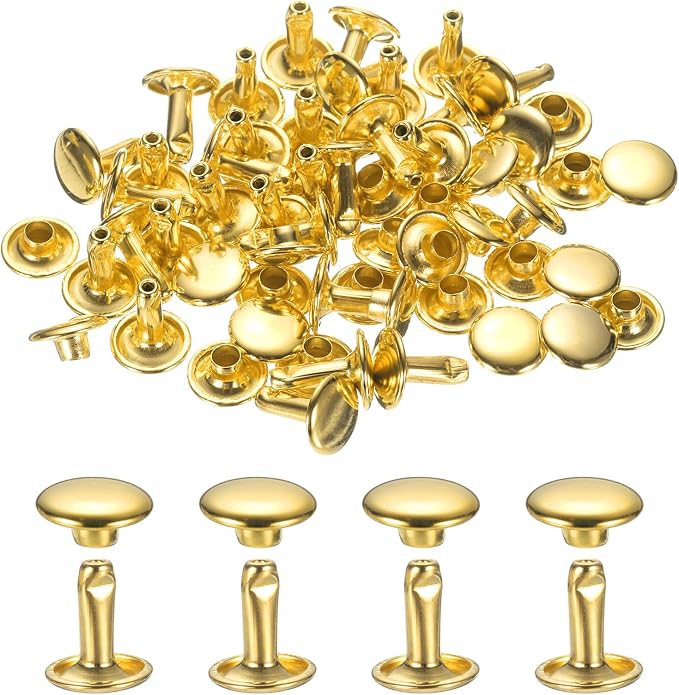 uxcell 120Set Leather Rivets, 7mm Double Cap Rivet Tubular Metal Studs Repairs Decoration Craft Accessories for Repair Decorate Leather Craft Belt Bag Shoes Purse Belts, Gold