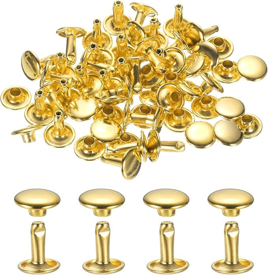 uxcell 120Set Leather Rivets, 9mm Double Cap Rivet Tubular Metal Studs Repairs Decoration Craft Accessories for Repair Decorate Leather Craft Belt Bag Shoes Purse Belts, Gold
