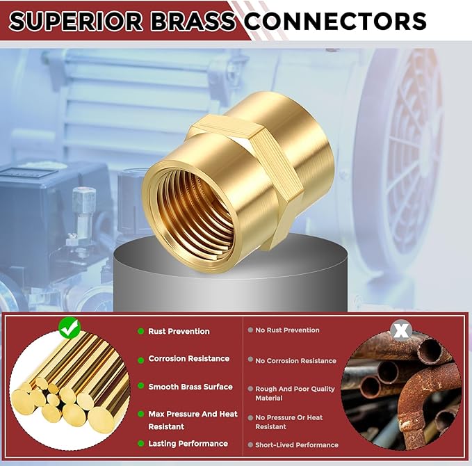 Pack of 6, 3/8" NPT FeMale to 3/8" NPT FeMale Solid Brass Pipe Fitting Coupler, Brass Coupling Hose Fittings Adapter for Pipe Leak Repair, Bathroom Remodeling, Tool Extensions