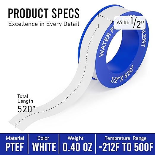 D-NYX 4 Rolls 1/2 Inch(W) X 520 Inches(L) Teflon Plumbers Tape, Duct Sealant Tape for Shower Head, Plumbing Thread Tap, Water Pipe Sealing Plumbers PTFE Thread Seal (5 Pack)