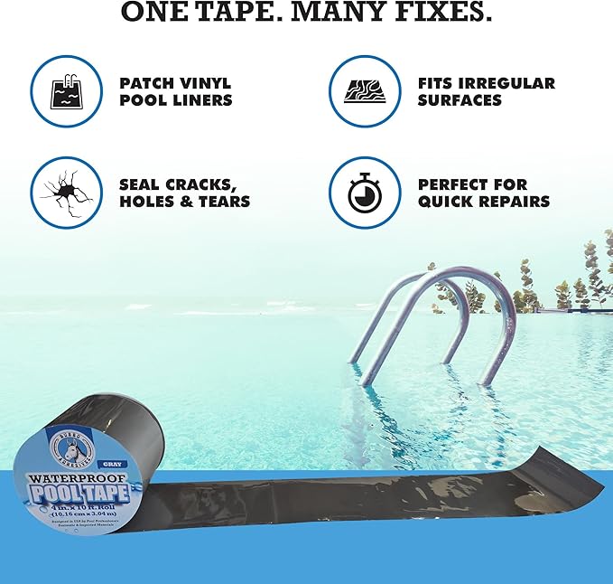 Burro Adhesives Professional Waterproof Gray Pool Tape 4" x 10' – Heavy Duty PVC Vinyl Pool Repair for Underwater & Dry Applications, Matches Gray Shade, Slate & Stone Liners, Instantly Seals Leaks