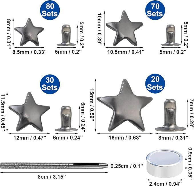 YORANYO 200 Sets Leather Rivets Kit Mixed Sizes - Star Studs for Clothing Fabric - Gunmetal Rivets With Crafting Tool for Repair Decorate Jackets Shoes Bags Belts Purse