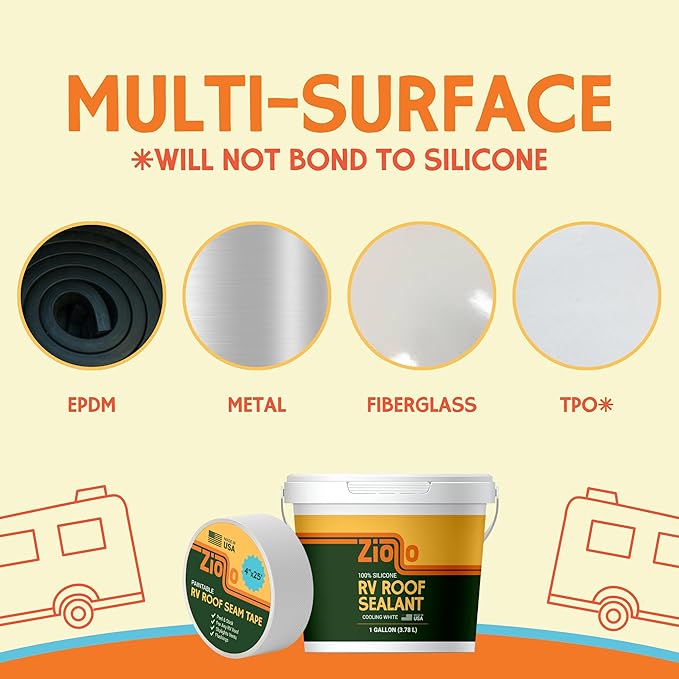 Ziollo RV 35 FT Roof Repair Kit - Roof Repair Kit to Seal and Waterproof, Bond to EPDM Rubber with Sealant (2 Paintable Tape, 4 pk Caulking, 1 Cleaner and 1G & 4G Silicone Pail)