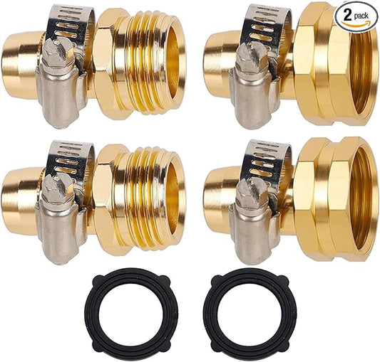 Biswing Garden Hose Repair Connector with Clamps, 5/8" Barb x 3/4" GHT Thread Aluminum Water Hose Pipe Repair Kit, Female and Male Hose Connectors with Stainless Steel Clamp, 2 Pack