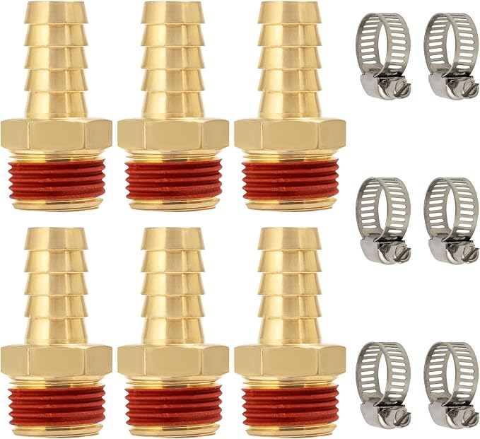 SUNGATOR 6-Pack 1/2'' Barbed Air Hose Fittings, Brass 1/2 Inch NPT Male Barbed Air Hose Repair Kit with Sealant, 1/2'' Barbed Gas Line Repair Brass Fittings with 6 Pcs Clamps