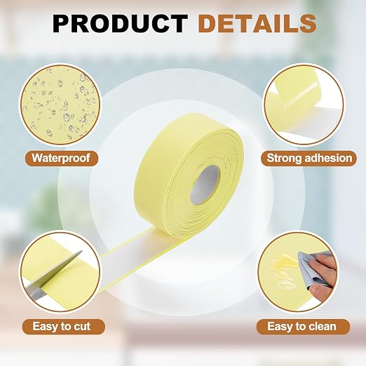 uxcell Caulk Tape Waterproof, 0.83 Inch x 16.4 ft Self-Adhesive Sealant Sealing Strip Caulking Sealant Tape PVC with Tool for Kitchen Sink Toilet Bathroom Bathtub Floor, Beige
