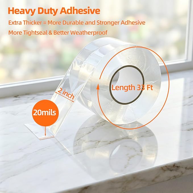 2"×32.8Ft Clear Window Weather Sealing Tape, 20 mils Thick No Residue Adhesive Window Air Conditioner Seal Insulation Tape Sealer, Waterproof, Weatherpoof,Block Winter Draft,Cold Air, Dust and Noise