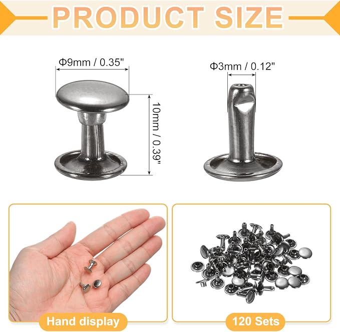 uxcell 120Set Leather Rivets, 9mm Double Cap Rivet Tubular Metal Studs Repairs Decoration Craft Accessories for Repair Decorate Leather Craft Belt Bag Shoes Purse Belts, Metallic Black