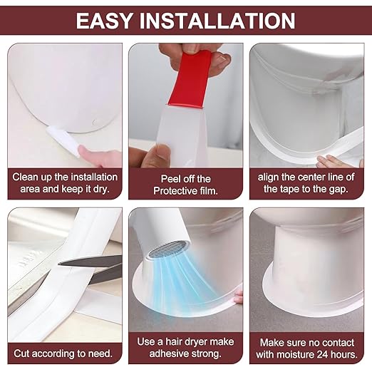 White Caulk Tape Sealant - 1 Roll Waterproof Self-Adhesive Tub & Wall Sealing Strip for Bath & Kitchen Shower Corner Sink Edge Toilet Base