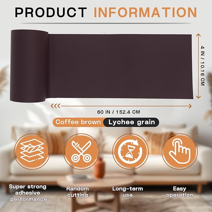 Fadoub Leather Repair Patch, 4 x 63In Self Adhesive Leather Repair Tape for Furniture, Vinyl Repair Tape for Repairing Vinyl, Couch, Sofa, Car Seats, Car Interior (Coffee Brown)