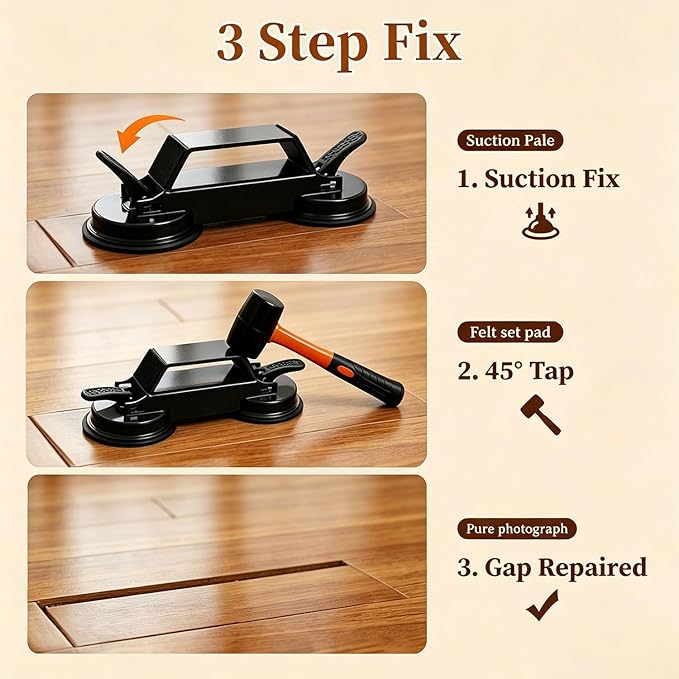Floor Gap Fixer Tool 2026 New Heavy Duty Floor Gap Repair Tool with Enhanced Suction Cup & Mallet and 5pcs Sticky Pads for Laminate Vinyl Wood Tile Flooring (Black)