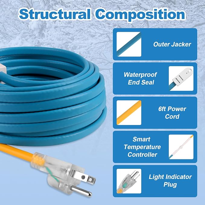 YAMIAOMAO Heat Tape for Water Pipes,12 Ft Blue Self-Regulating Heat Tape,-40°F Deicing Heat Tape,Prevent Water Pipes from Freezing,Heat Tape Water Pipes Suitable For Outdoor Water Tanks Of House