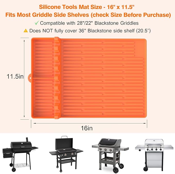 Silicone Grill Mat Compatible with Blackstone, BBQ Griddle Tools Mat with Drip Pad, Large Spatula Holder for Outdoor Kitchen Counter, Gifts for Men (Orange)