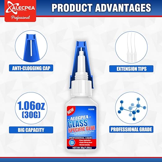 ALECPEA 30g Glass Glue - Crystal Clear Invisible Adhesive for Glass Repair, Jewelry & Art - Waterproof & Heat-Resistant Bond for Mirrors, Crystals & Glassware - Quick 15s Set with 3 Precision Tips