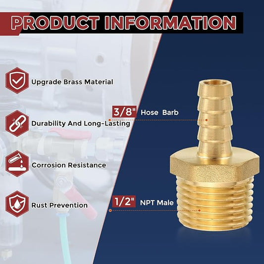 Pack of 4 Brass Hose Barb Fittings 3/8" Hose Barb to 1/2" NPT Male Fittings