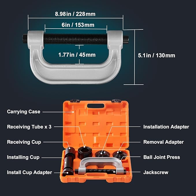 VEVOR Ball Joint Press Kit, 10 pcs Tool Kit, C-Press Ball Joint Remove and Install Tools, for Most 2WD and 4WD Cars, Heavy Duty Ball Joint Repair Kit for Automotive Repairing