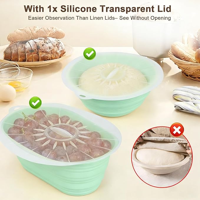 Upgraded & Thickened Silicone Banneton Bread Proofing Basket, JOCXSPI 10" Oval & 9" Round Sourdough Basket with Silicone Lid, Foldable, Non-Stick, BPA-Free, Easy-Clean
