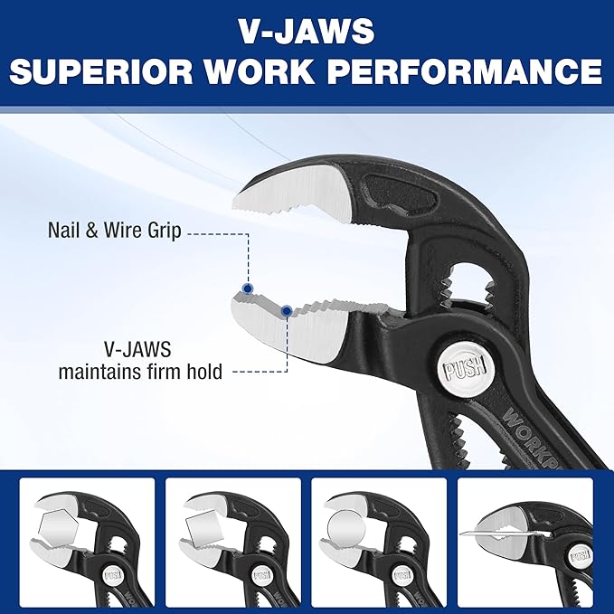 WORKPRO 7" & 10" Water Pump Pliers Set, V-Jaw Quick Adjustable Groove Joint Pliers, CR-V Tongue and Groove Pliers for Home & Industrial Repair, Push-Lock, Soft Grip, Upgraded Wide Opening