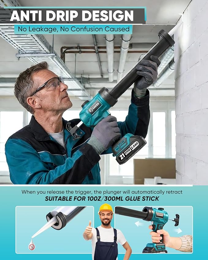 Saker Electric Caulking Gun Cordless Adjustable Speed Caulk Gun with Caulking Tools Set with LED Light 10oz/300ml for Kitchen Bathroom Filling, Sealing 2 Batteries Blue