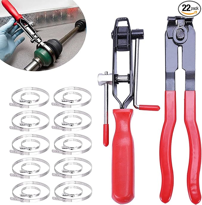22Pcs CV Boot Clamp Pliers Set Cv Axle Removal Tool Cv Joint Ear Clamp Banding Tool Automotive Hose Axle Plier (2Pcs Clamp Pliers + 10 Pairs Adjustable CV Boot Clamps)