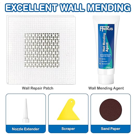 Drywall Repair Kit – 4.23 oz Fast-Dry Putty Tube with 2 × 2″ Wall Patch Mesh, Scraper & 2 × P180 Sandpapers | Quick-Dry Spackle & Sheetrock Crack Filler for Wall, Ceiling & Plaster Hole Repair