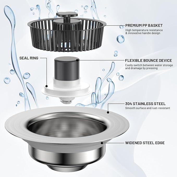 Widened 3 in 1 Kitchen Sink Drain Strainer & Stopper Kit, 304 Stainless Steel Pop Up Kitchen Sink Stopper with Extra Strainer Basket, Fast Drainage Kitchen Sink Plug for US Standard 3-1/2 Inch Drain