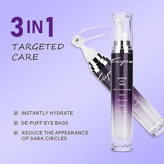 Caffeine Eye Cream for Dark Circles - 5% Caffeine Eye Serum Infused with Collagen and Niacinamide, Cream for Puffines and Bags Under Eyes w/ 360° Depuffer Roller
