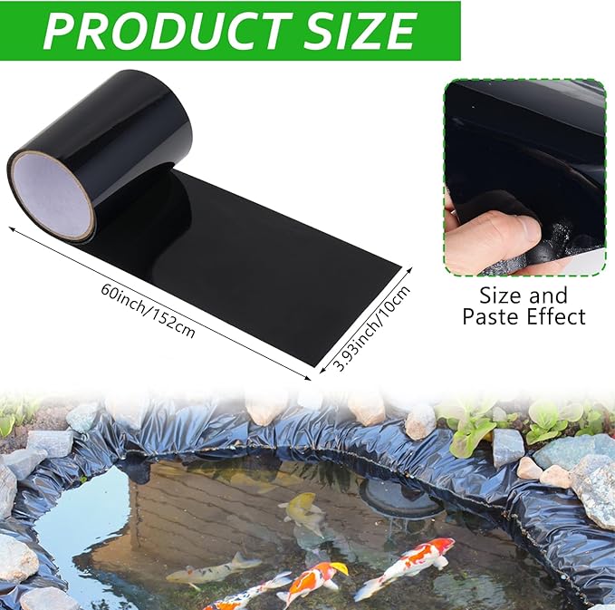 60”x 4” Pond Liner Seam Tape Single Sided PVC Waterproof Adhesive Tape for EPDM Liners Waterproof Pond Repair Kit Thickened Peel and Stick Seam Tape for Outdoor Roof Garden Cover Patch Repair