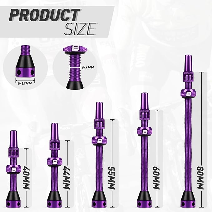 BWSHLF Tubeless Presta Valve Stem 40/44/55/60/65/80/100 mm, Super Light Alloy Presta Valve Stem Kit with Valve Core Remover Tool and Valve Stem Caps - Multiple Color and Size Options(Pair)