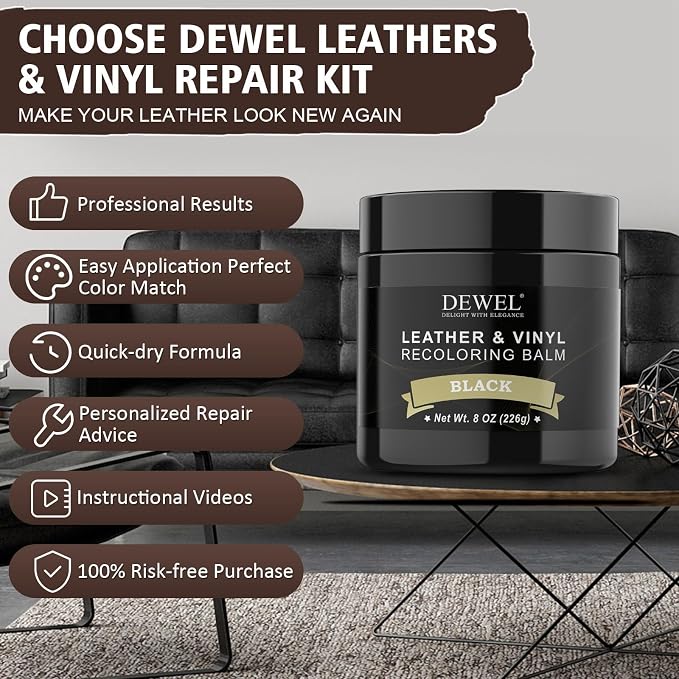 DEWEL Leather Recoloring Balm, Black Leather Color Restorer for Scratched and Faded, Leather Scratch Remover, Upgrade Leather Repair Kit for Restore Couches, Car Seats, Shoes, Boots