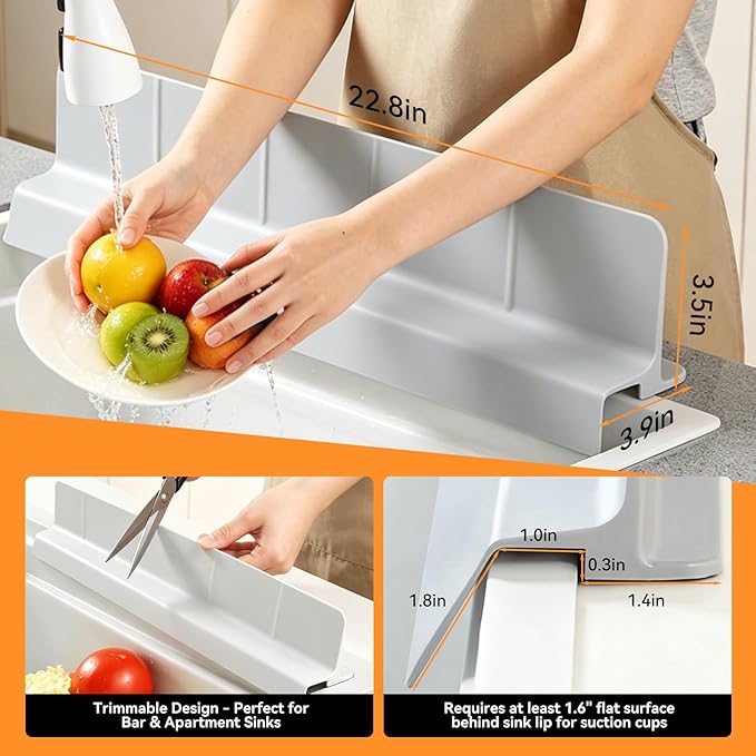 Kitchen Sink Splash Guard 22.8 Inch, Self-Draining Silicone Water Splash Guard with 7 Suction Cups, High Splash Wall & Overhang Edge, Keeps Countertop Dry, Dishwasher Safe (Gray)