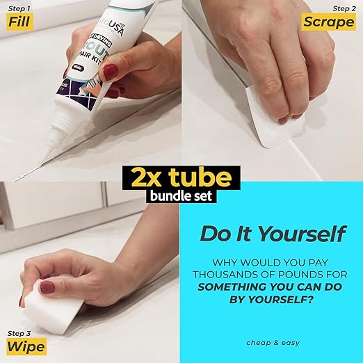 PentaUSA Premixed Tile Grout Repair Kit 2 Pack - White Acrylic Sanded Grout Filler for Bathroom, Shower, Kitchen Tile Water-Resistant Tubes with Applicator, Fast Drying, Total (2 x 250g / 17.6oz)