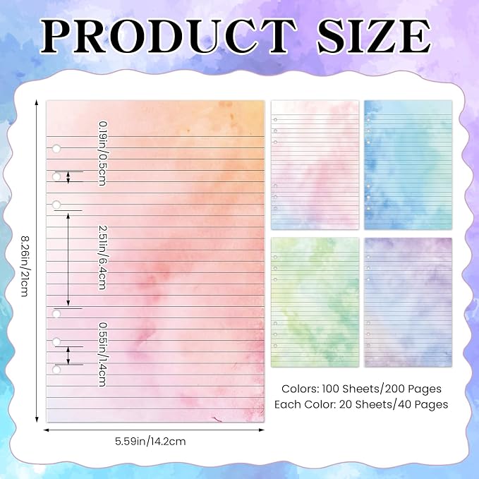 100 Sheets Gradient A5 Refill Papers for Planner Binder Insert with Pink Pu Leather 6 Ring Binder Cover, 120GSM Thick Watercolor Loose Leaf Papers Filler for Notebook Journal Girls Women Graduation
