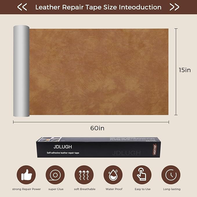 JDLUGH Sofa Leather Repair Patch Tape, Large Self Adhesive Couch, Car Seat, Office Chair, Leather Furniture, Vinyl Repair Patch Kit for Furniture (15x60 Inch, Yellowish Brown)