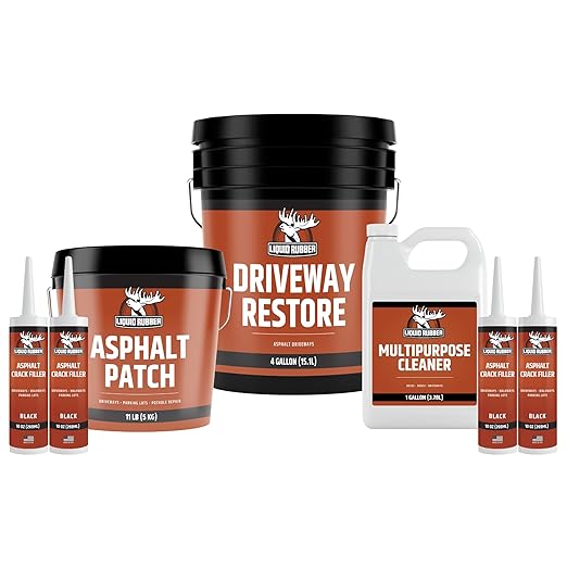Liquid Rubber Driveway Restore Sealant - Highly Flexible Asphalt Coating Fills Cracks and Revitalize, Kit- Includes 4 Gallon Sealer, 1 Gallon Asphalt Patch, 4 x Crack Filler 10.2 oz, Patio Cleaner 1G