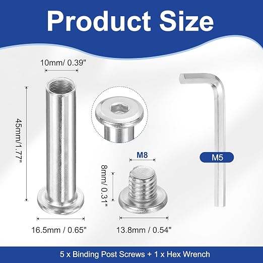 PATIKIL M8x8mm Hex Chicago Screws 10x45mm, 5Pcs 304 Stainless Steel Metric Hex Drive Socket Cap Binding Post Screw Posts for Scrapbook Leather Belt Album Furniture Repair, Silver