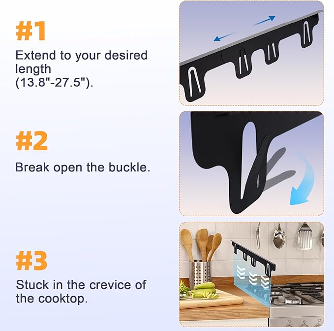 Stove Gap Covers Stainless Steel, Retractable Stove & Counter Gap Filler (13.8''–27.5''), Width 1'', Heat Resistant Metal Guard Between Stove and Countertop, Black