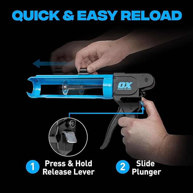 OX Pro Compact Caulk Gun - 10 oz Rodless Manual Caulking Gun Tool - 7:1 Thrust Ratio Designed for Tight Spaces, Includes Belt Clip - Pistola De Silicona