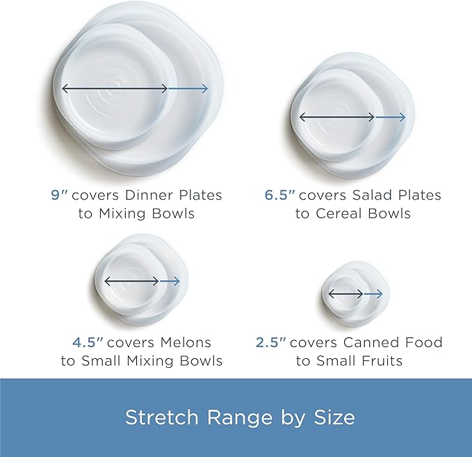 Stasher Premium Reusable Silicone Stretch Lids, Clear, 4pk of 9”, 6.5”, 4.5”, and 2.5” Lids, Airtight Seal, Food Container Covers, BPA Free, Leak-Free, Dishwasher Safe, Microwave Safe, Eco-Friendly