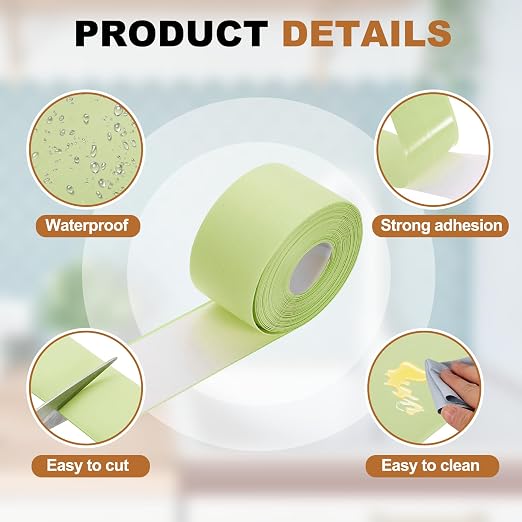 uxcell Caulk Tape Waterproof, 1.5 Inch x 16.4 ft Self-Adhesive Sealant Sealing Strip Caulking Sealant Tape PVC with Tool for Kitchen Sink Toilet Bathroom Bathtub Floor, Green