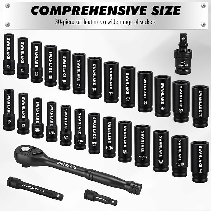 30-Piece 1/2" Drive Impact Socket Set, Standard SAE (3/8-1 inch) and Metric (10-24mm) 6 Point CR-V Steel Deep Socket, Ratchet Handle, 3" & 5" Extension Bar, CR-MO Impact Universal Joint