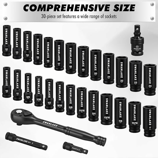 30-Piece 1/2" Drive Impact Socket Set, Standard SAE (3/8-1 inch) and Metric (10-24mm) 6 Point CR-V Steel Deep Socket, Ratchet Handle, 3" & 5" Extension Bar, CR-MO Impact Universal Joint