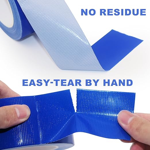 Blue Duct Tape, 2 Inches x 32 Yards, Heavy Duty Waterproof, Strong, Durable, Easy-Tear by Hand, Residue-Free for Home Repairs, Industrial, Fixed Carpet Edge, DIY Projects