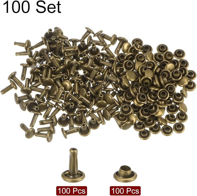 HARFINGTON 100 Sets Leather Rivets 8 x 6mm Metal Double Cap Rivet Snaps Studs Fasteners with 3pcs Setting Tools Rivets for Leather Craft DIY Repair Decoration, Bronze