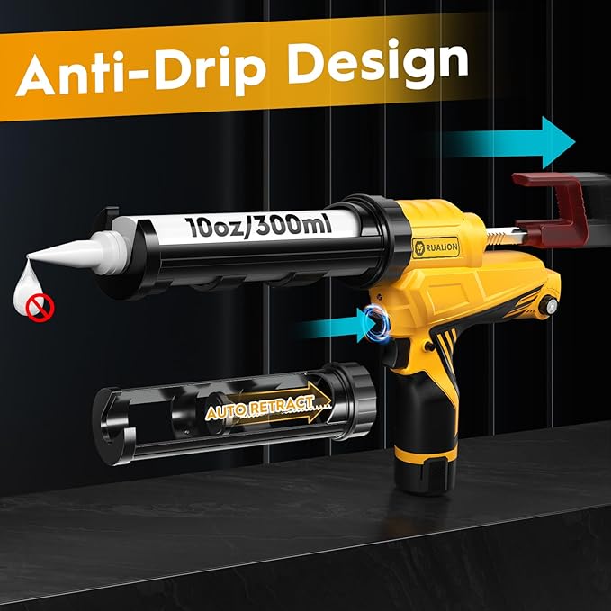 Electric Caulk Gun - Max 4000N Force, Variable Speed Cordless 1/10 Gallon (10 oz) Caulking Tool with Rotating Cradle & Auto Flow Stop (2 * 12V 2.0 Ah Batteries)
